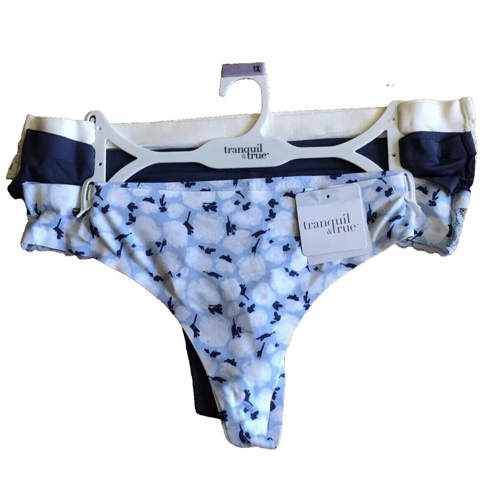 3 Pair Tranquil & True Women's XL Thong Lace Briefs Panties Underwear Blue Cream